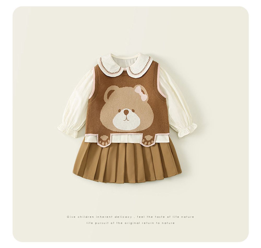 love, charlotte - 小熊針織背心學院風襯衫百褶裙三件組套裝