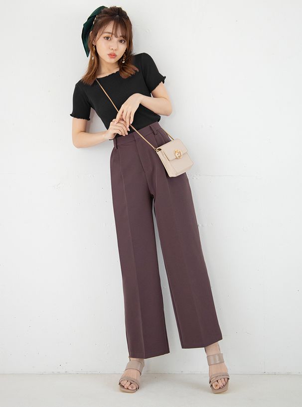 日本 GRL - 圓領木耳捲邊合身短袖上衣-煙燻粉