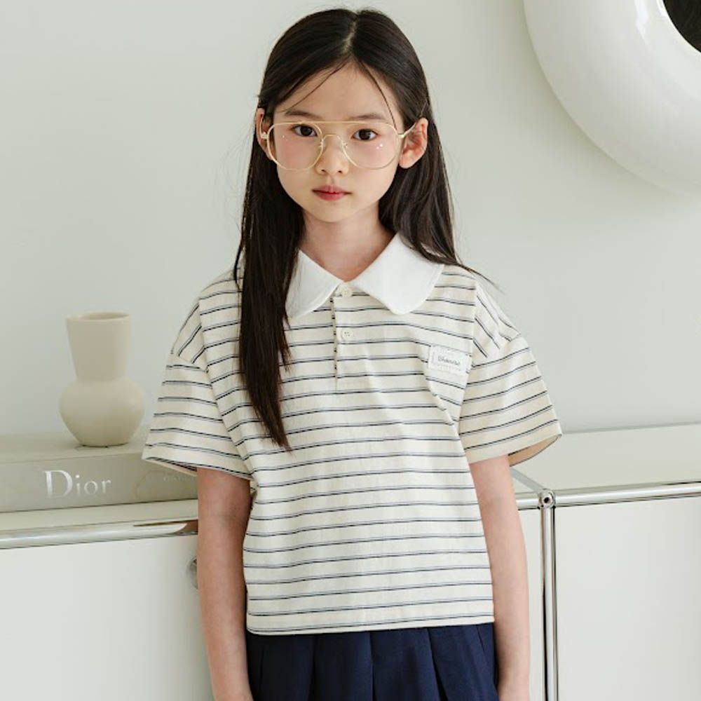 學院風翻領條紋短袖上衣-奶油米