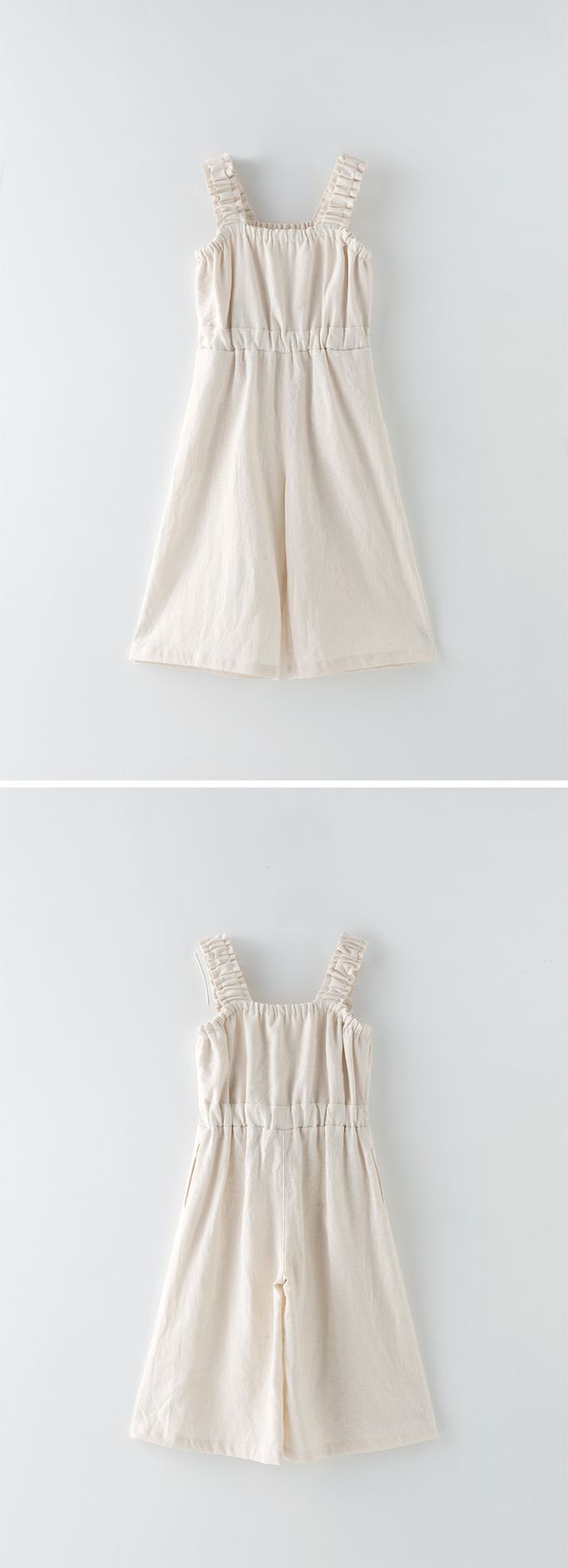 韓國 OZKIZ - 抓皺肩帶棉麻背心連身褲-米白