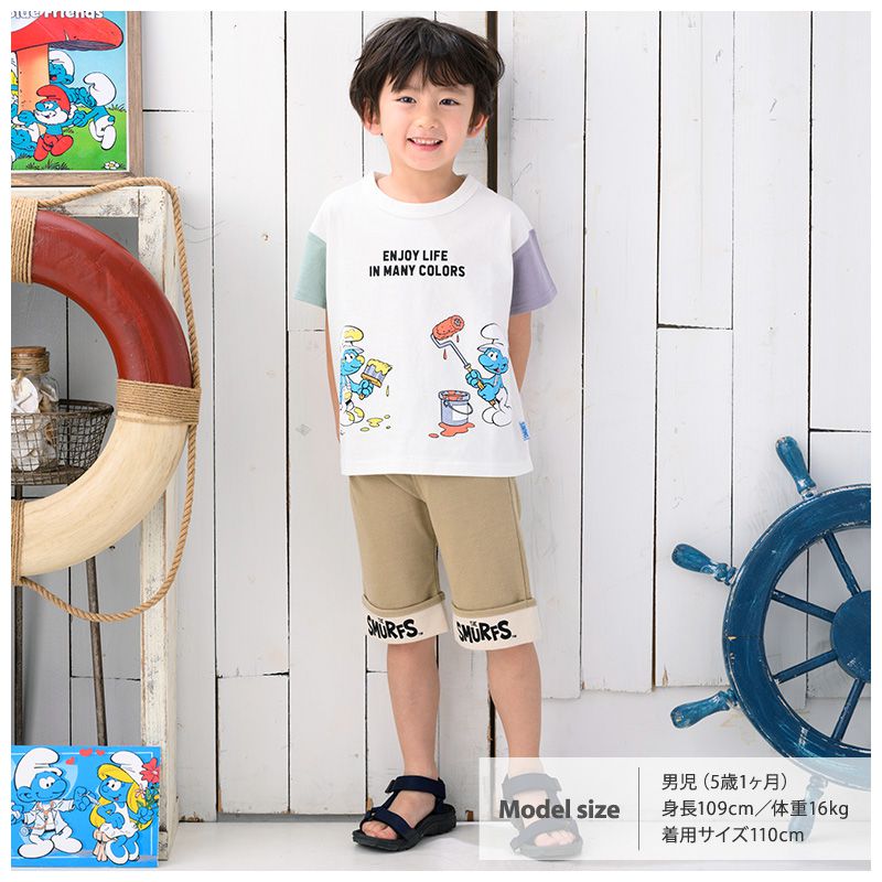 日本 ZOOLAND - 藍色小精靈聯名純棉短褲-褲管上翻-深藍