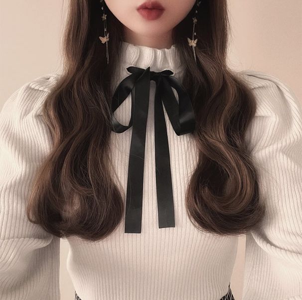 日本 GRL - 復古花邊領綁帶澎袖針織長袖上衣-丁香紫