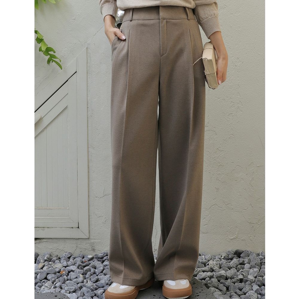 Domingoblue 後鬆緊腰雙鈎釦抓褶內磨毛西裝落地褲-深卡其