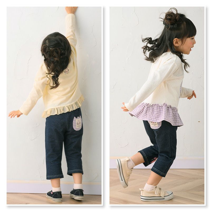 日本 ZOOLAND - 丹寧針織拼接七分褲-小兔鬱金香-粉