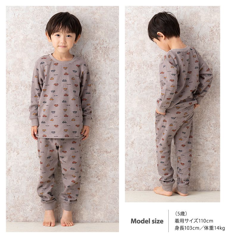 日本 ZOOLAND - 純棉鬆餅紋長袖家居服/睡衣-B車車-咖啡