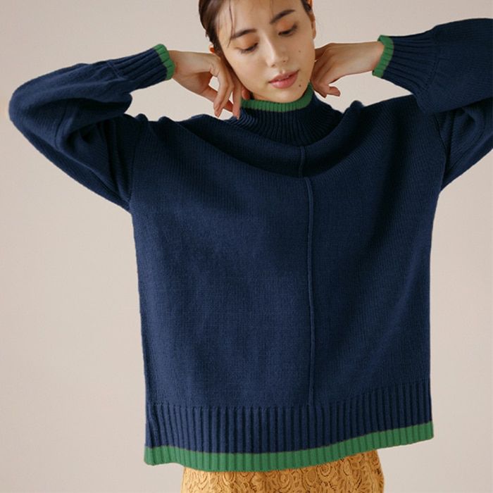 日本 BELLUNA - 高領落肩寬鬆柔軟針織毛衣-素色-暖橘