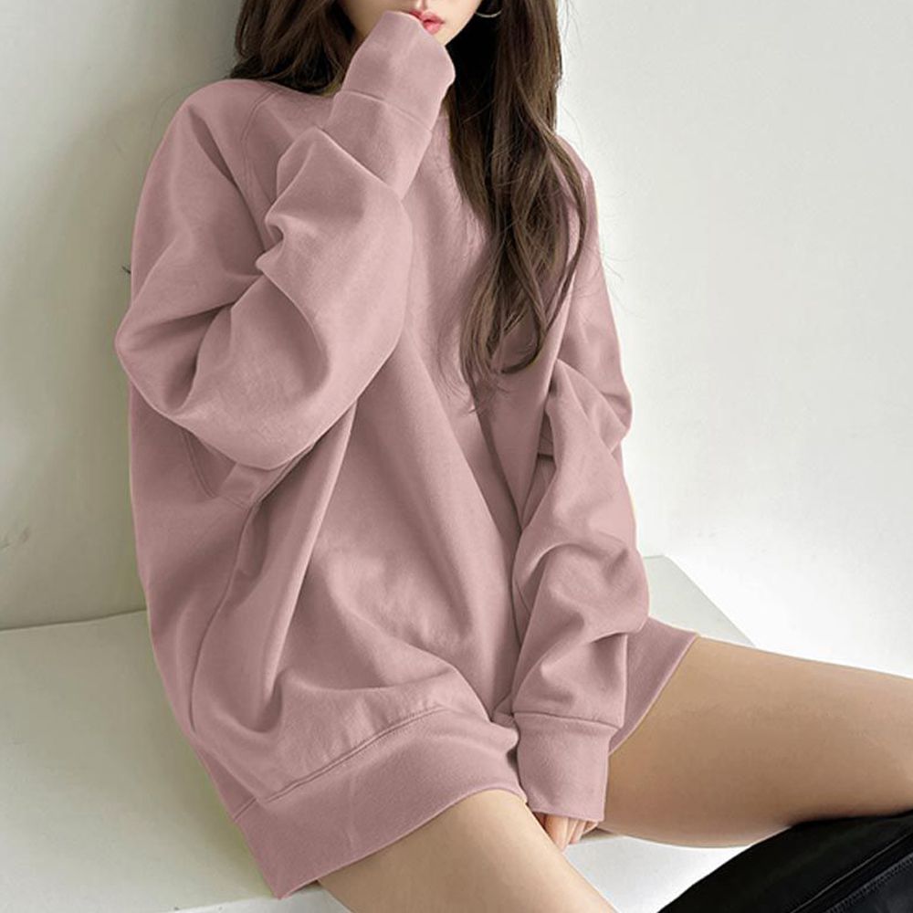 圓領內刷毛落肩長袖上衣-淺粉 (F)