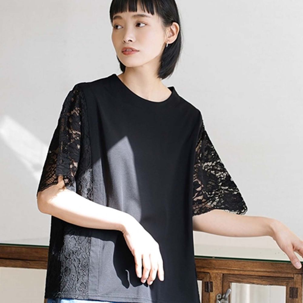 日本 zootie - 蕾絲雕花拼接五分袖上衣-黑