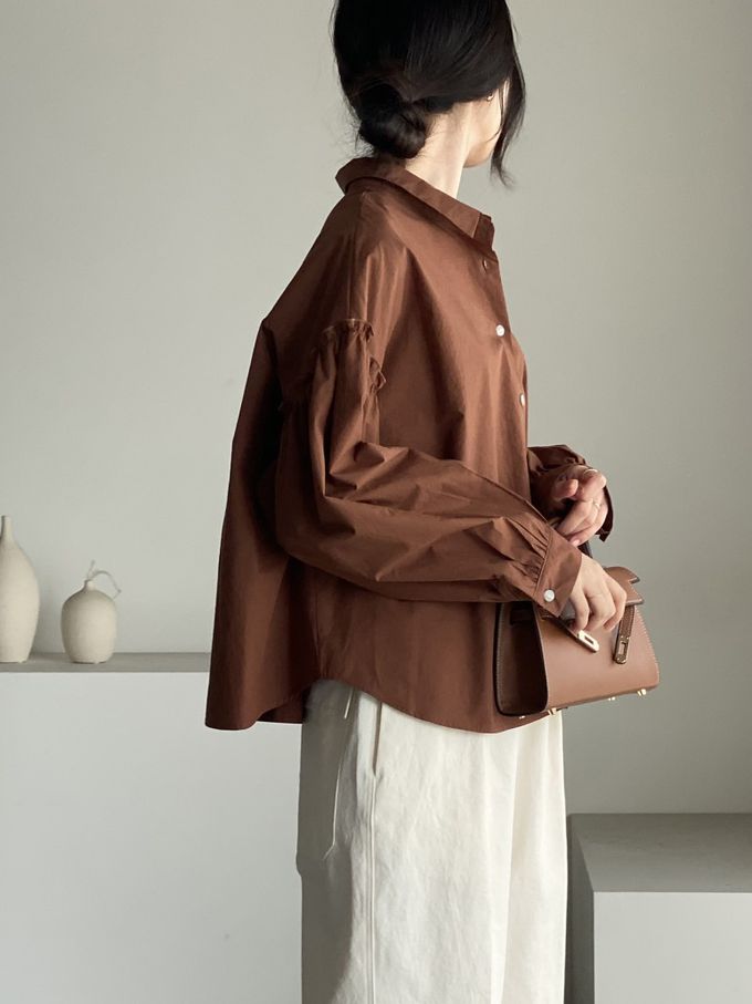 韓國女裝連線 - 極簡拼接翻領長袖襯衫-咖啡紅 (FREE)