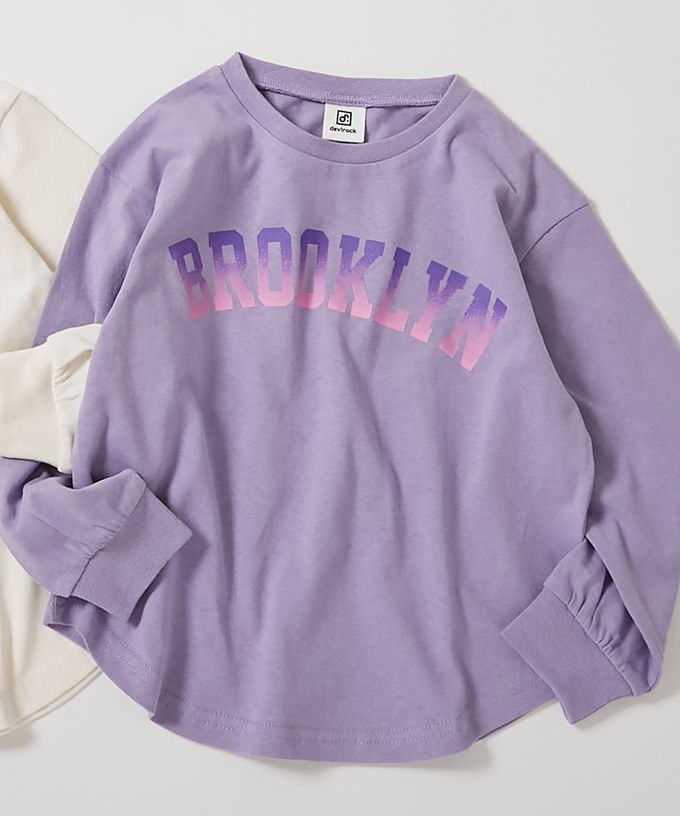 日本 devirock - 100%棉 女孩印花圓弧長袖上衣-鬆餅菜單-桃粉