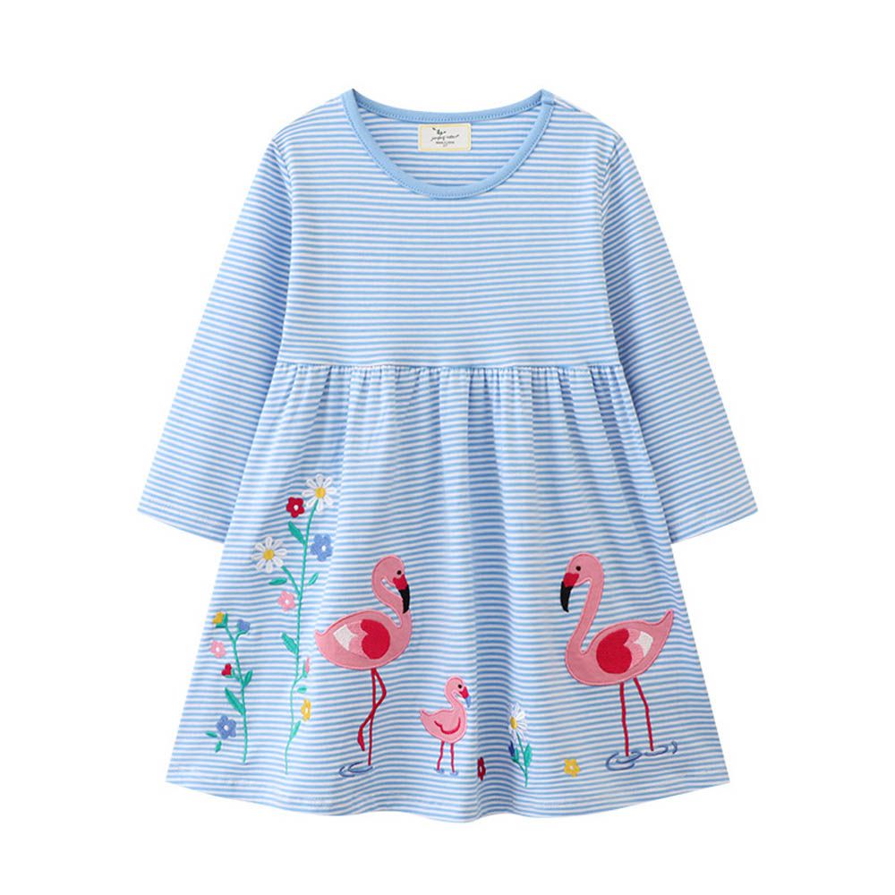 棉質圓領長袖連身洋裝-紅鶴與花-藍色條紋