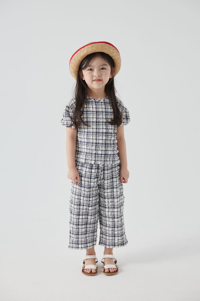 韓國 Coco Bang - 兩件式皺皺格子短袖長褲套裝-淺藍