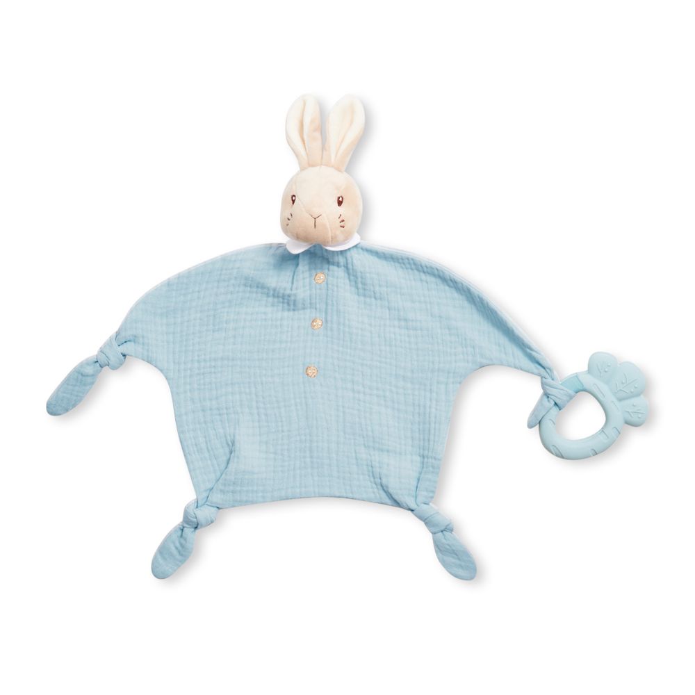 比得兔天絲泡泡紗安撫固齒組 35x28cm(安撫巾+固齒器 寶寶安撫玩偶 磨牙 抓握練習)-水綠色