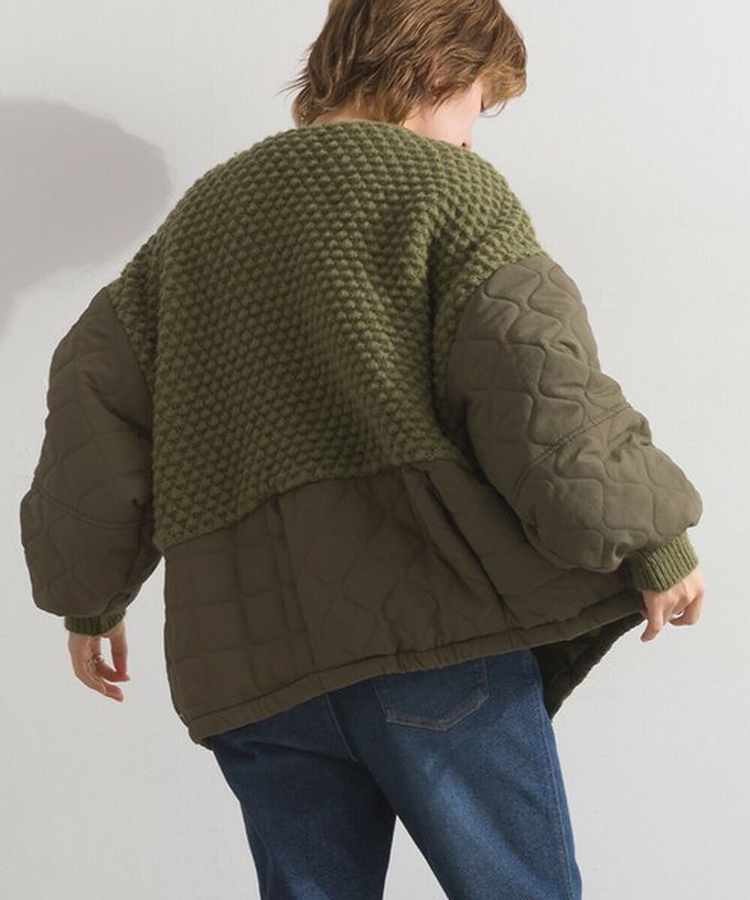 日本 Lupilien - 立體麻花絎縫拼接無領保暖外套-黑