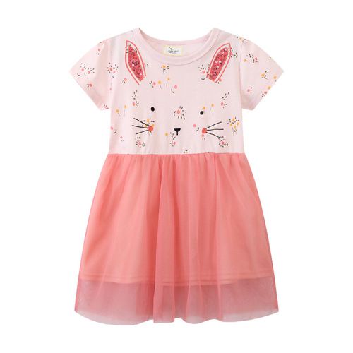 Jumping meters - 棉質圓領短袖網紗洋裝-可愛小兔-粉橘色