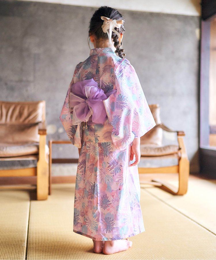 日本 apres les cours - 華麗腰帶風純棉二件式浴衣-椿花-紅藍條紋