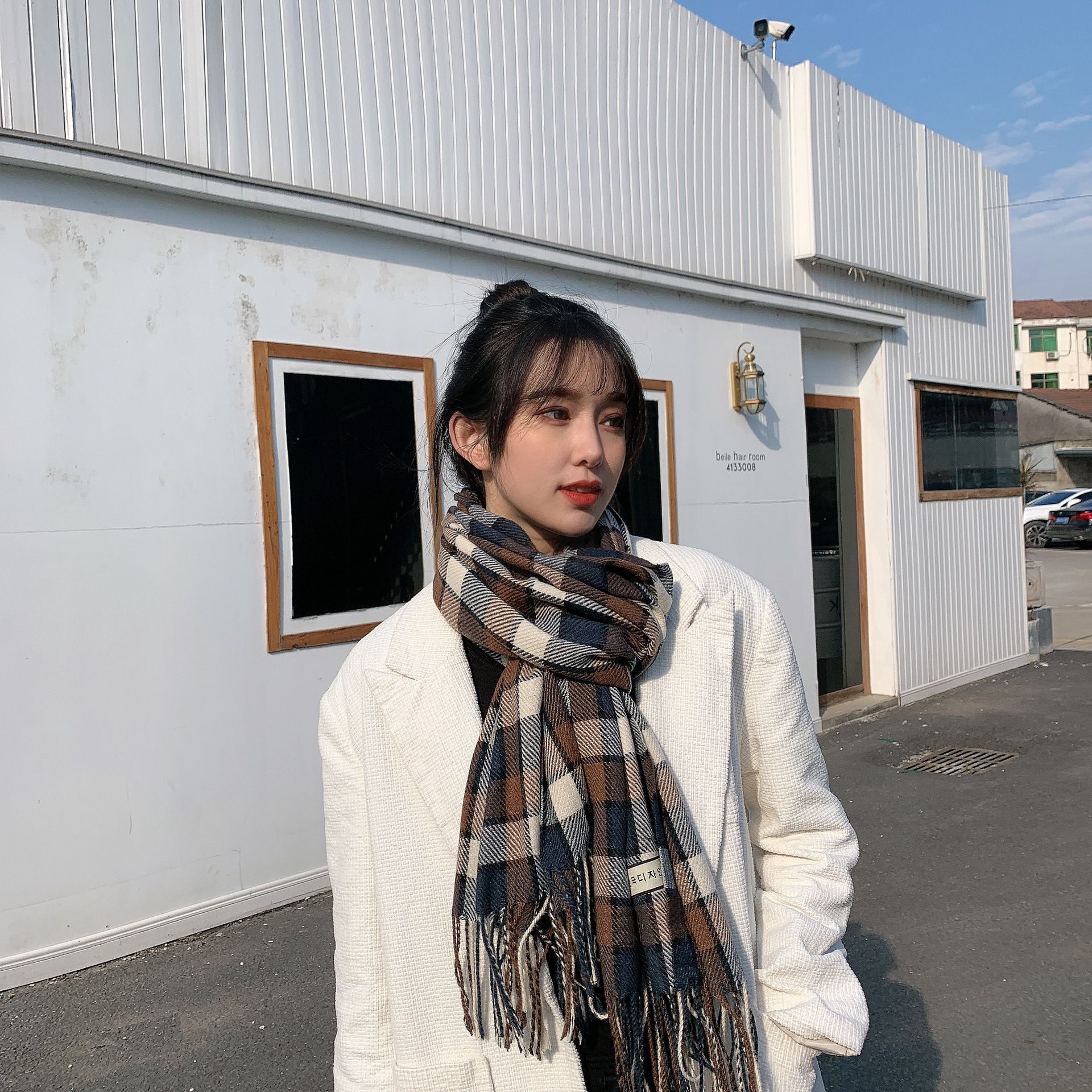 仿羊絨多彩格紋暖暖圍巾-灰+棕 (200x70cm)