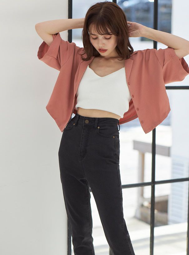 日本 GRL - 率性翻領排釦短袖襯衫/外套-黑