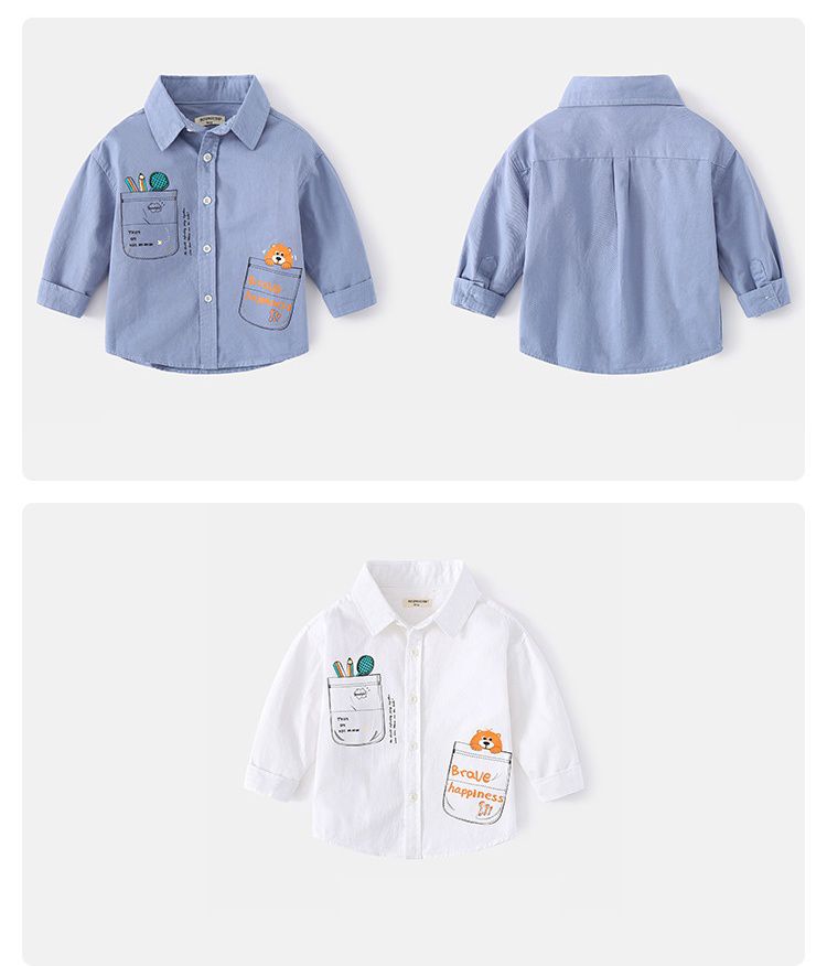 WELLKIDS - 純棉童趣長袖襯衫-畫畫熊-藍色