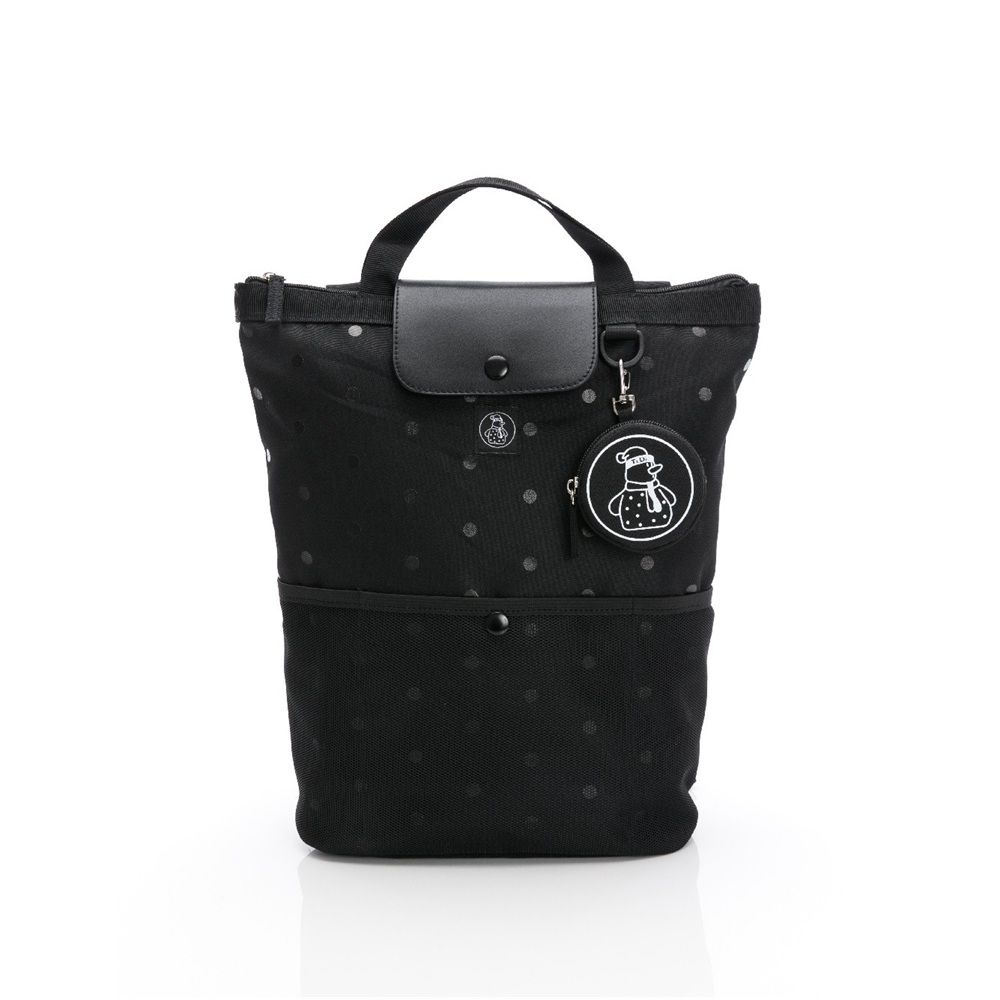 大嘴巴寬口後背包 L 號 有蓋款 附贈小雪人小掛包-黑底黑點