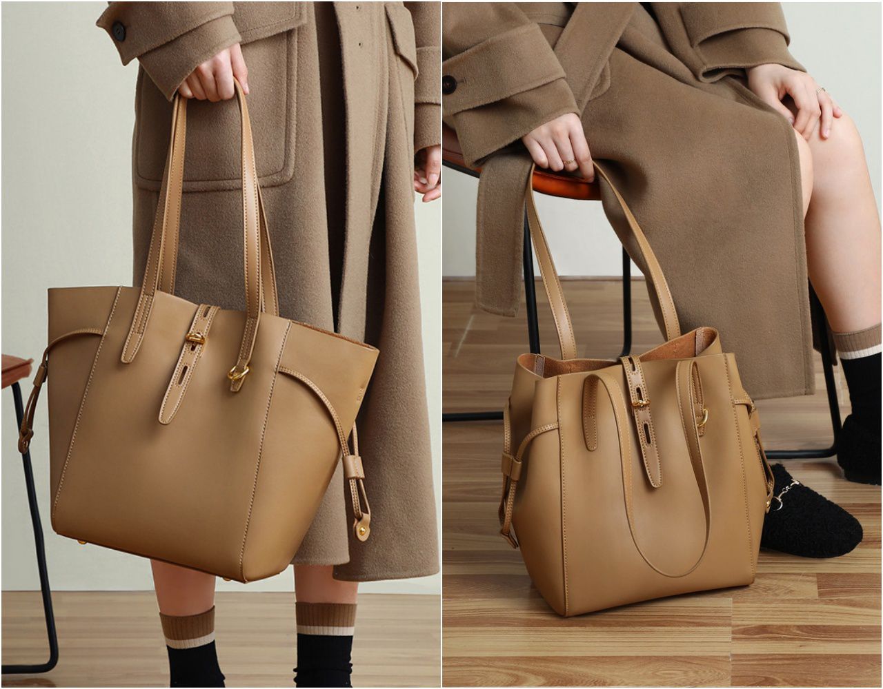 真皮大容量托特/水桶包-黑色 (23x27x13.5cm)