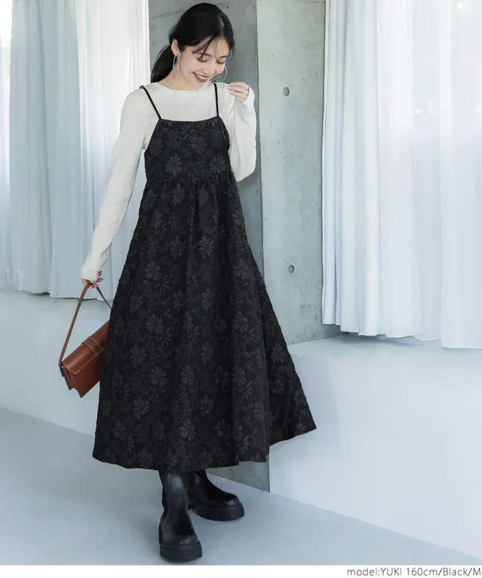 日本 COCA - 浪漫緹花平口吊帶裙-黑