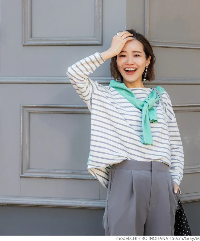 日本 COCA - [熱銷推薦] 百搭船領薄長袖上衣-條紋-灰x白