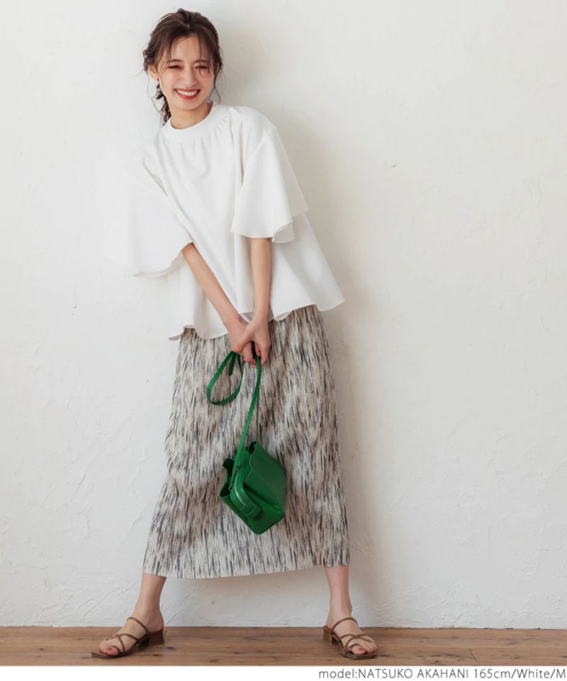 日本 COCA - 垂墜荷葉袖小立領短袖上衣-白