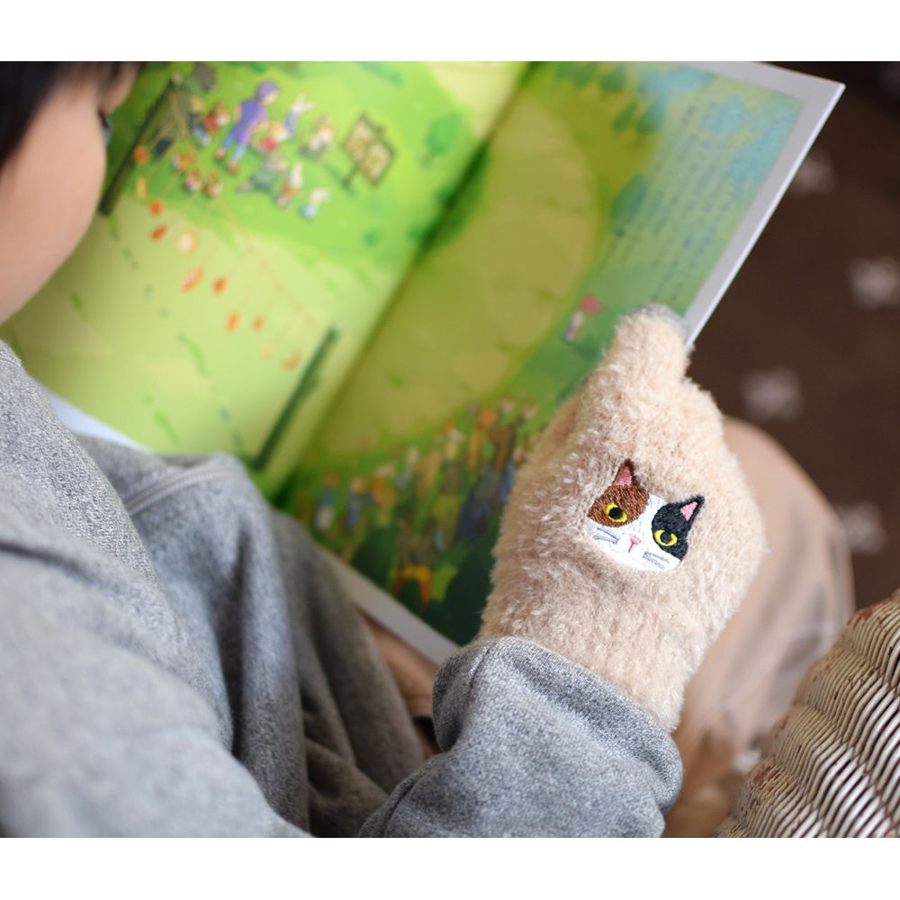 日本 TOMO - 兒童可觸控短絨保暖手套-花貓-米杏