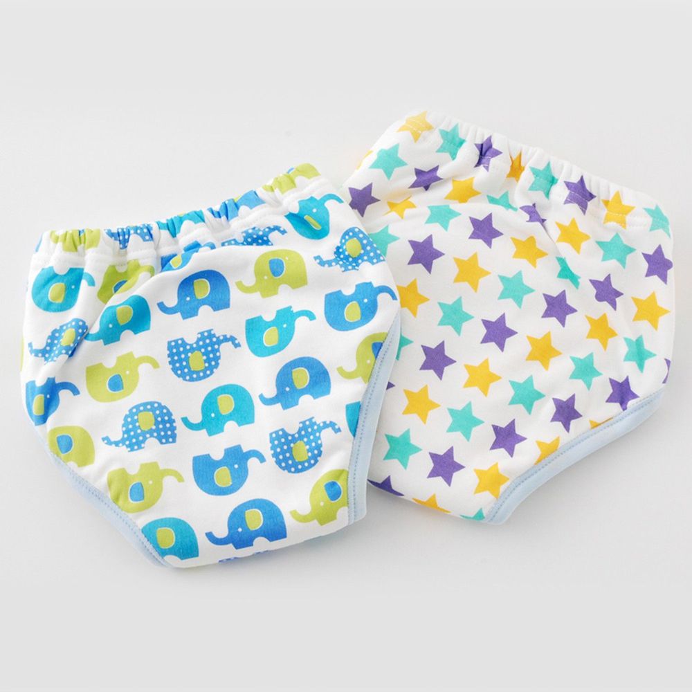 日本 Chuckle Baby - 六層學習褲(兩件組)-大象+星星-藍-密縫式