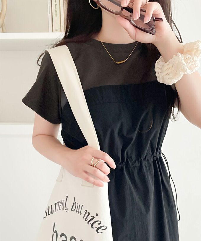 日本 Classical Elf - 法式袖拼接縮腰抽繩洋裝-卡其x淺灰