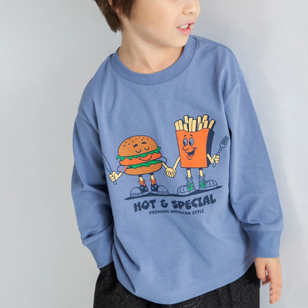 100%棉 美式印花薄長袖上衣-漢堡薯條兄弟-藍