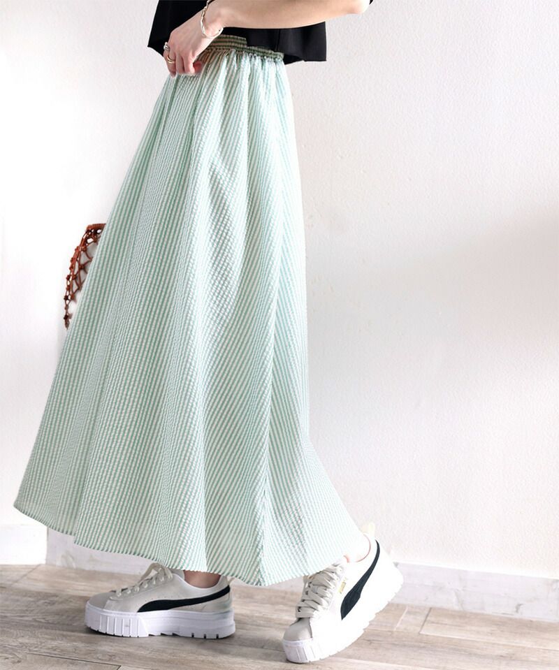 日本 Classical Elf - 春日休閒百搭長裙-直條紋-水藍
