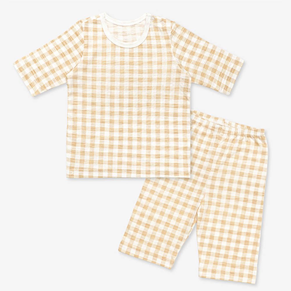 韓製莫代爾透氣7分袖家居服-經典格子-卡其