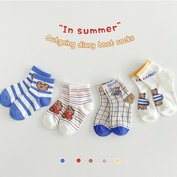 love, charlotte - 小熊家族薄款短筒棉襪-4 雙一組