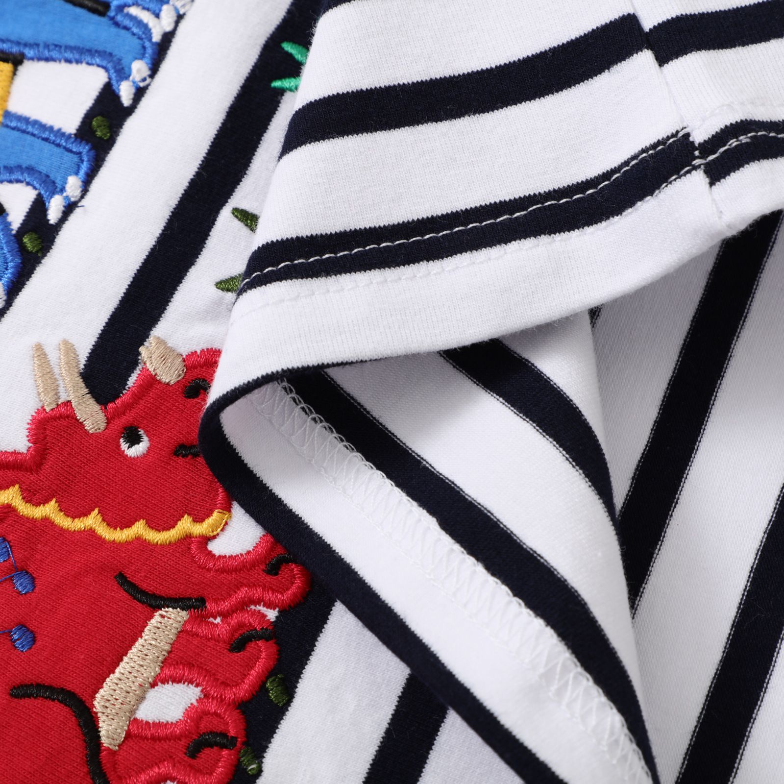 Jumping meters - 棉質圓領條紋短袖上衣-刺繡恐龍-黑+白