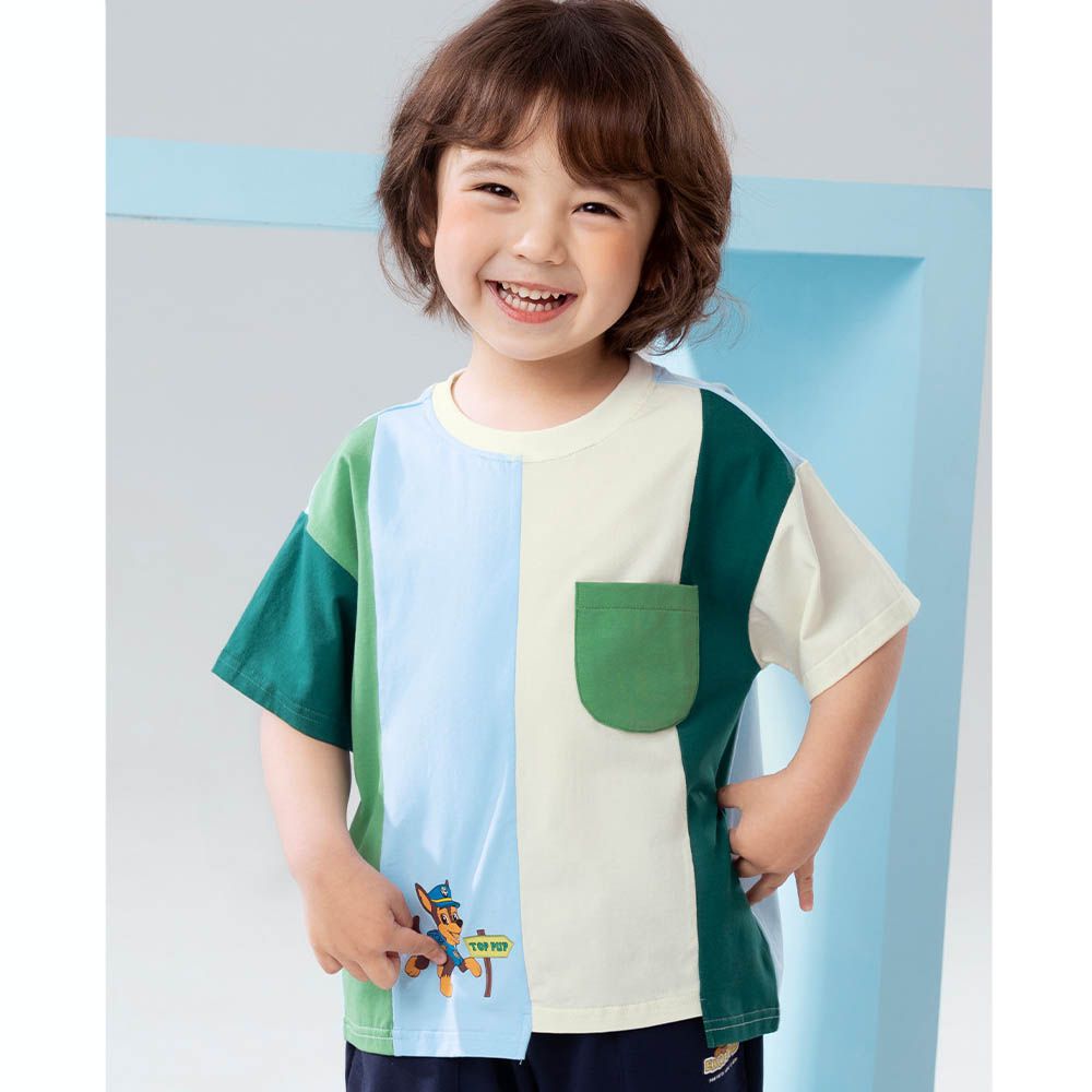 卡通汪汪隊不規則拼接短袖上衣-卡通人物阿奇-藍x綠