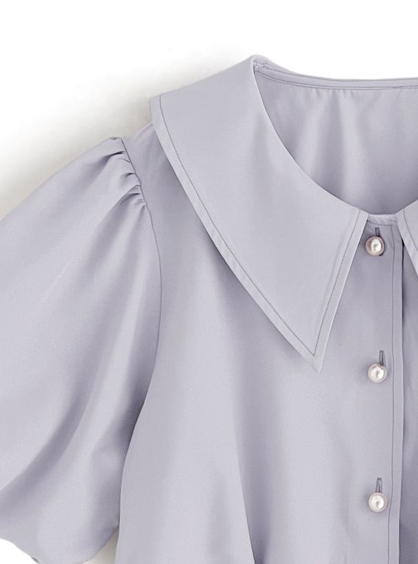 日本 GRL - 浪漫翻領珍珠釦泡泡袖襯衫-淺水藍 (F)