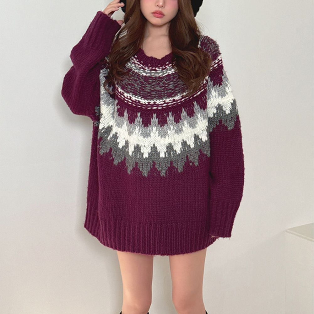 北歐風復古印花粗針織上衣-酒紅 (F)