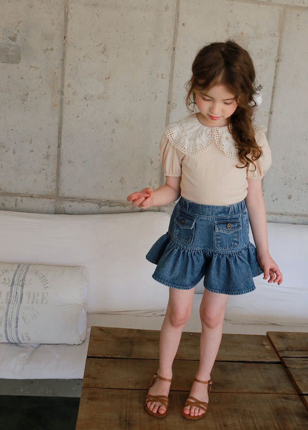 韓國 PuellaFLO - 鏤空格子大白領上衣-蜜桃粉