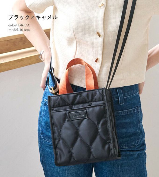 日本 LIZDAYS - 防潑水 輕巧絎縫方形側背小包-黑x橘
