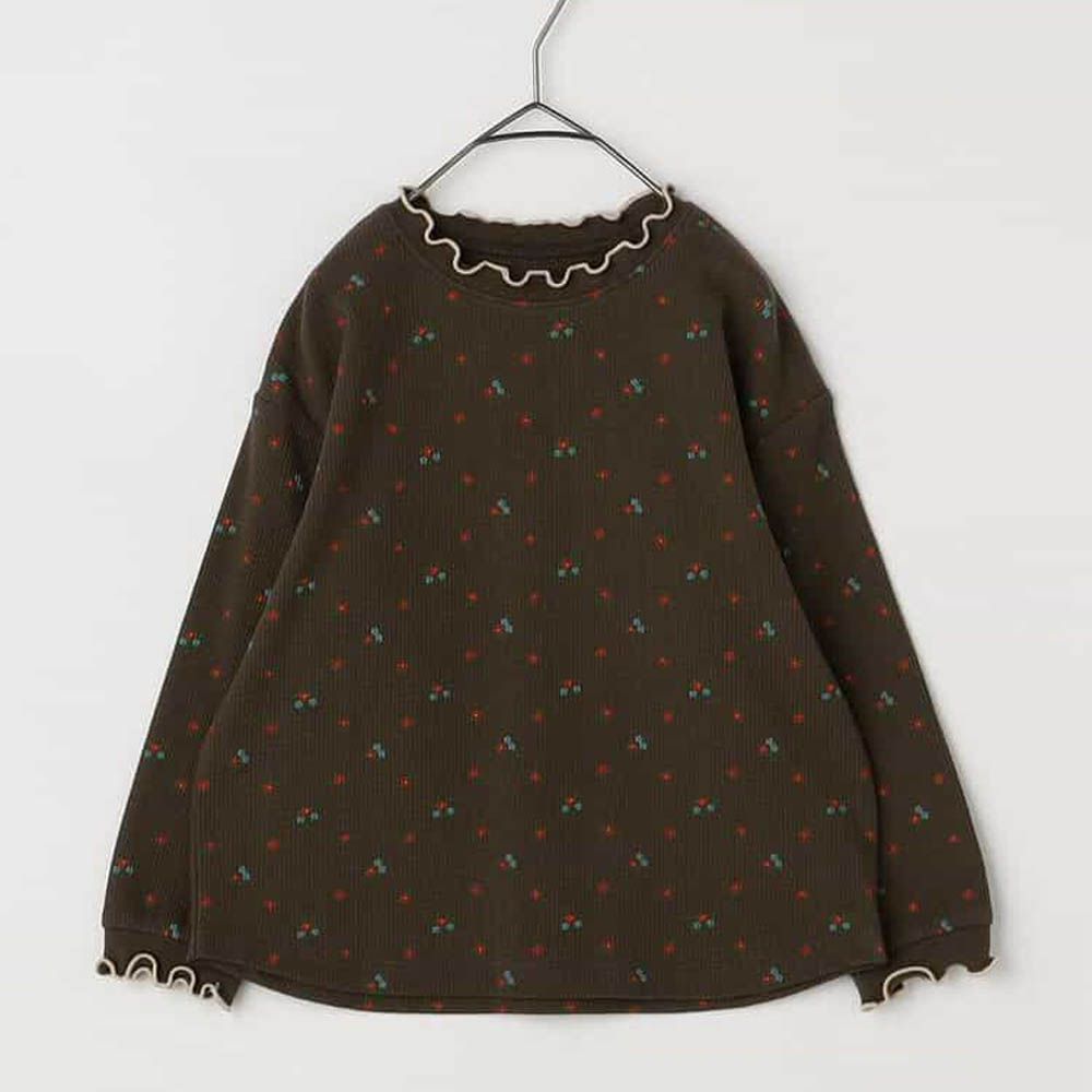 華夫格木耳邊設計感印花長袖上衣-小花-黑