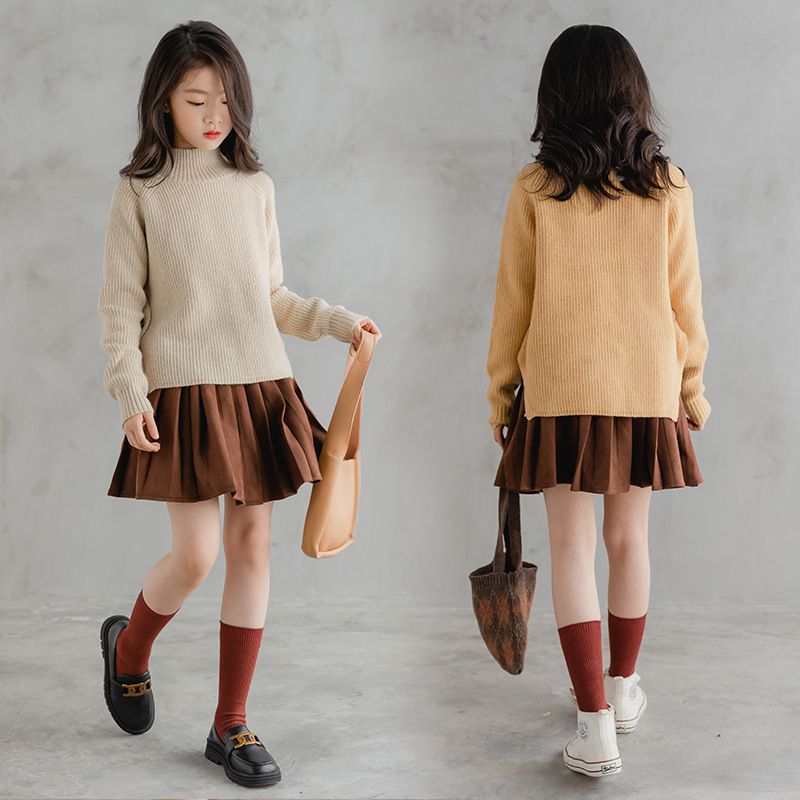 加厚半高領開衩長袖針織上衣-杏色