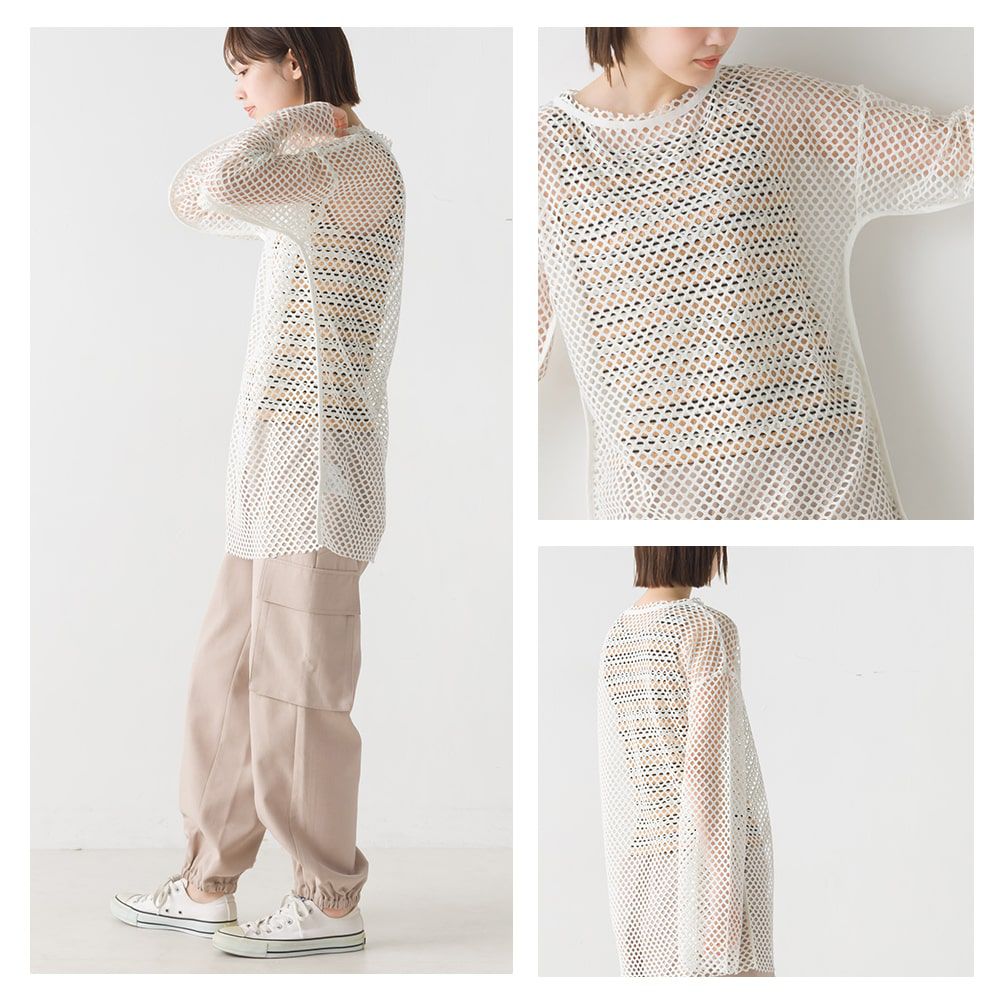 日本 OMNES - 日系鏤空漁網長袖罩衫-草地綠