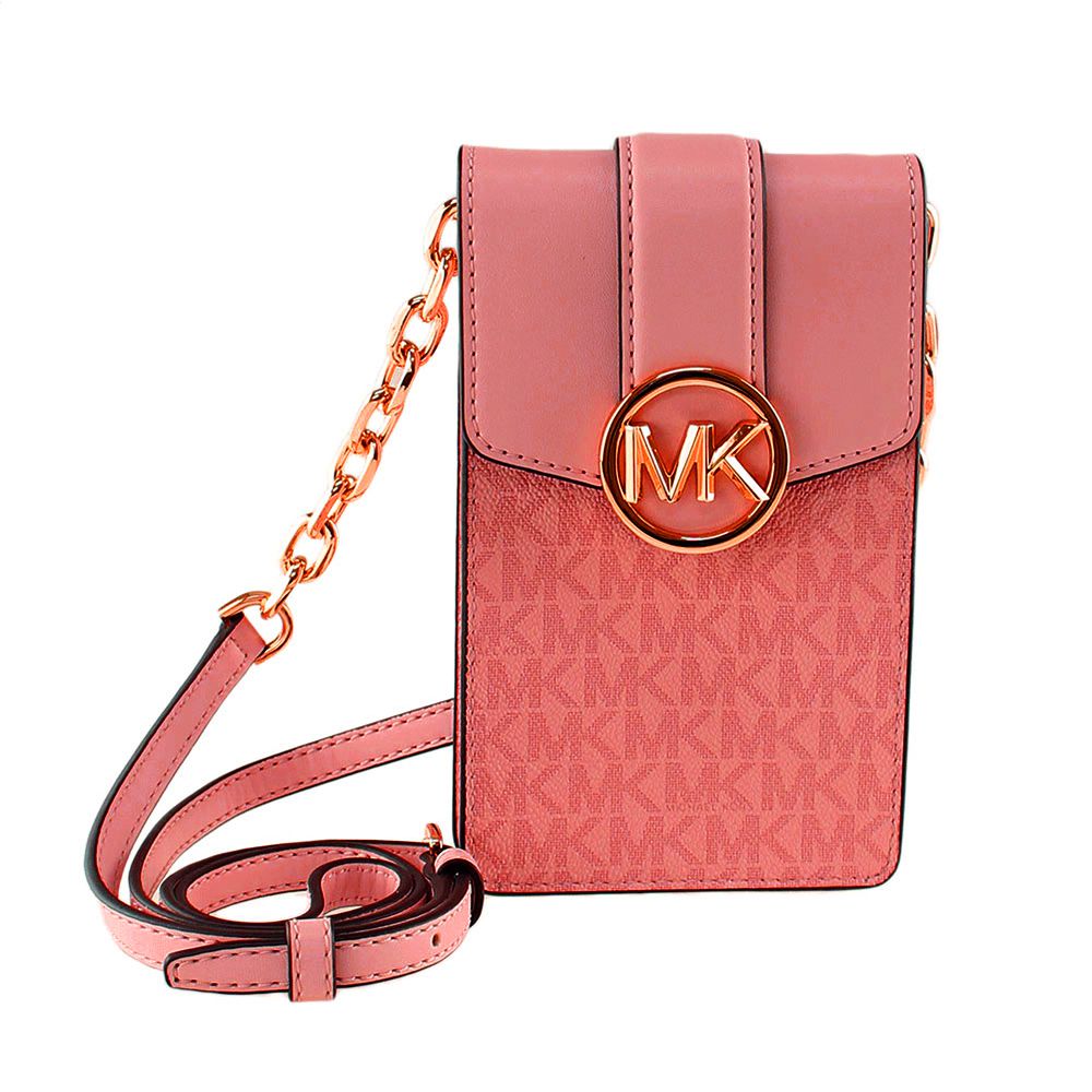 MICHAEL KORS - 滿版LOGO皮革手機斜背包-珊瑚色