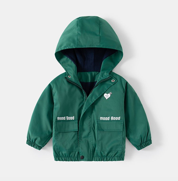 WELLKIDS - 抓絨連帽休閒衝鋒外套-胸口小愛心-綠色