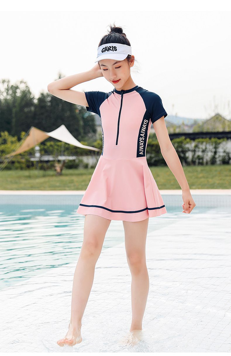 運動風短袖連身泳裝-側腰英文字-藕粉+灰藍