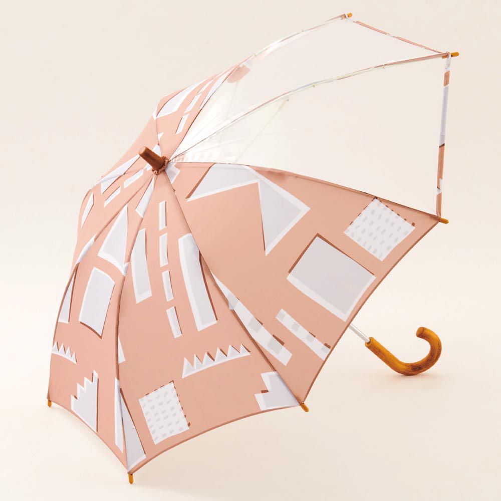 日本代購 - 印花透明窗兒童雨傘-幾何想像-棕粉 (45cm(身高105-110cm))