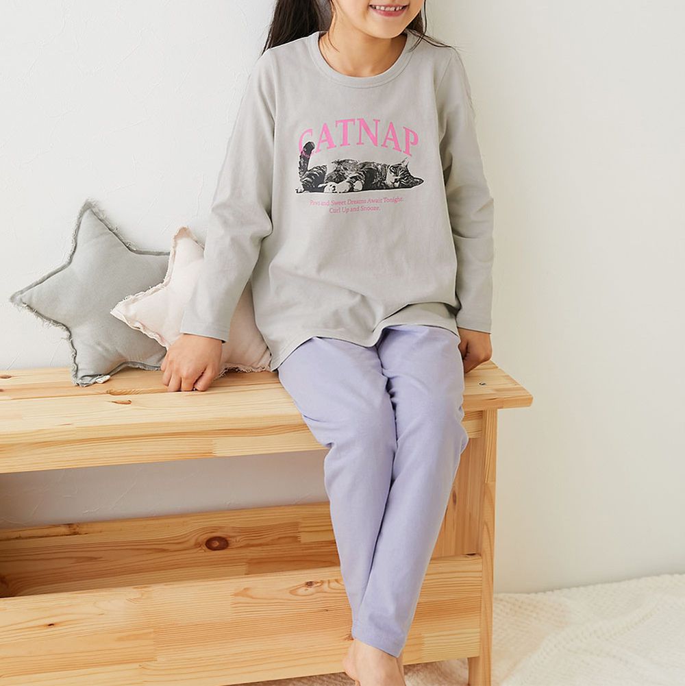 100%棉 高腰長袖家居服套裝-貓咪-淺灰x紫