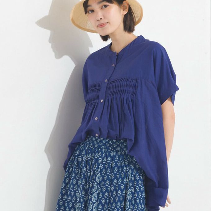 日本 OMNES - 100%印度棉 皺摺傘狀短袖襯衫-綠條紋